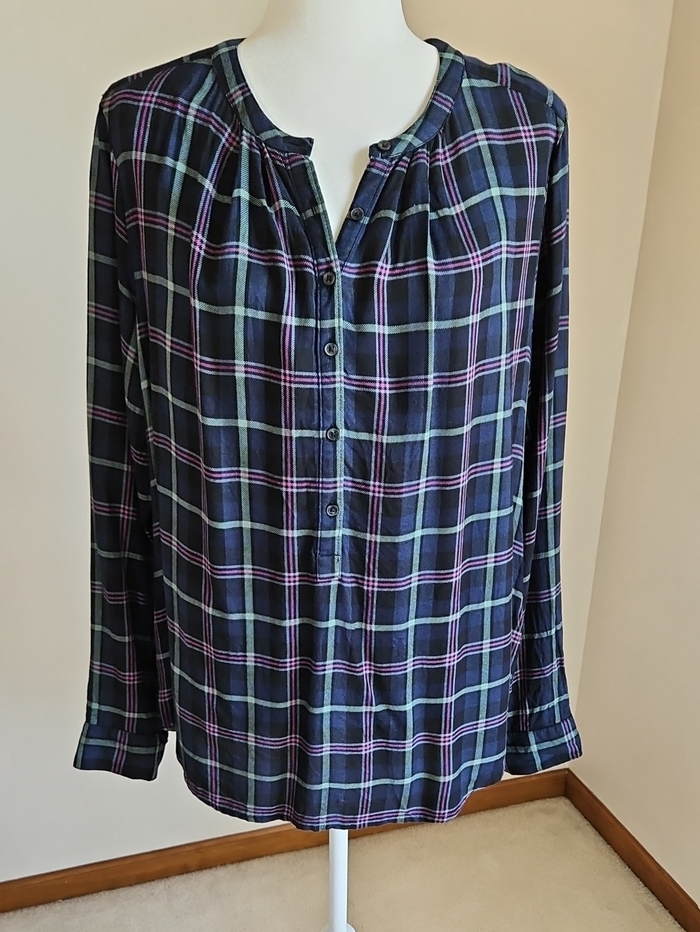 Lucky Brand XL Plaid Flannel Rayon Popover Tunic Hi Low Boho Indie